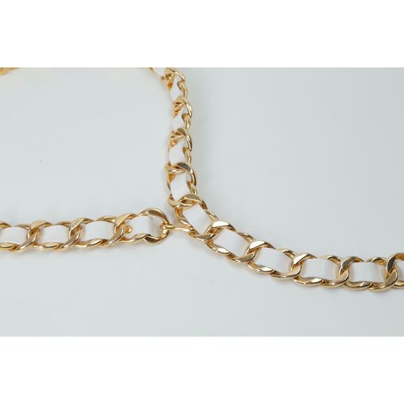 Vintage White Leather Belt Gold Chain Link Interwoven Woven Waist Cinch Rare S main image 4